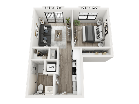 Floor plan for 1 bed, 1 bath, 505 sqft